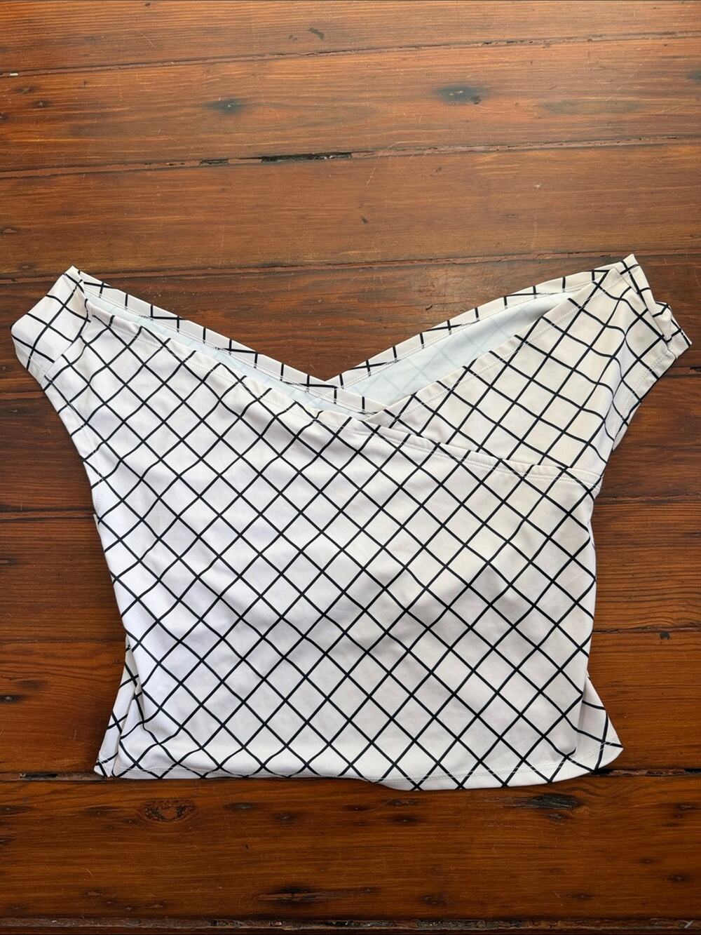 Kortni Jeane windowpane plaid off the shoulder crossback swimsuit top sz 2XL